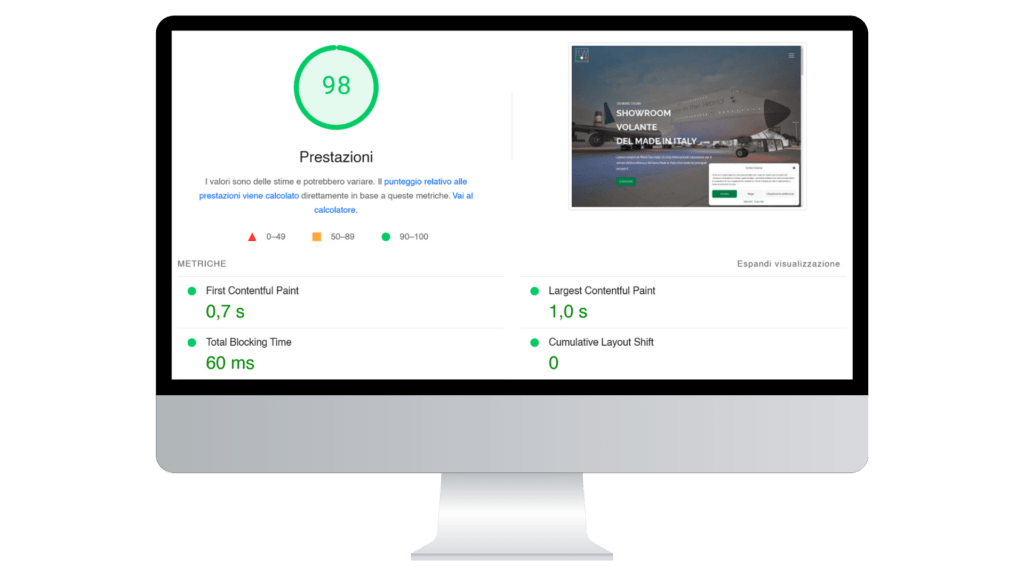 Sito web WordPress in Oxygen esempio di un test di velocità per il sito italianluxury.eu, realizzato da Futuraweb