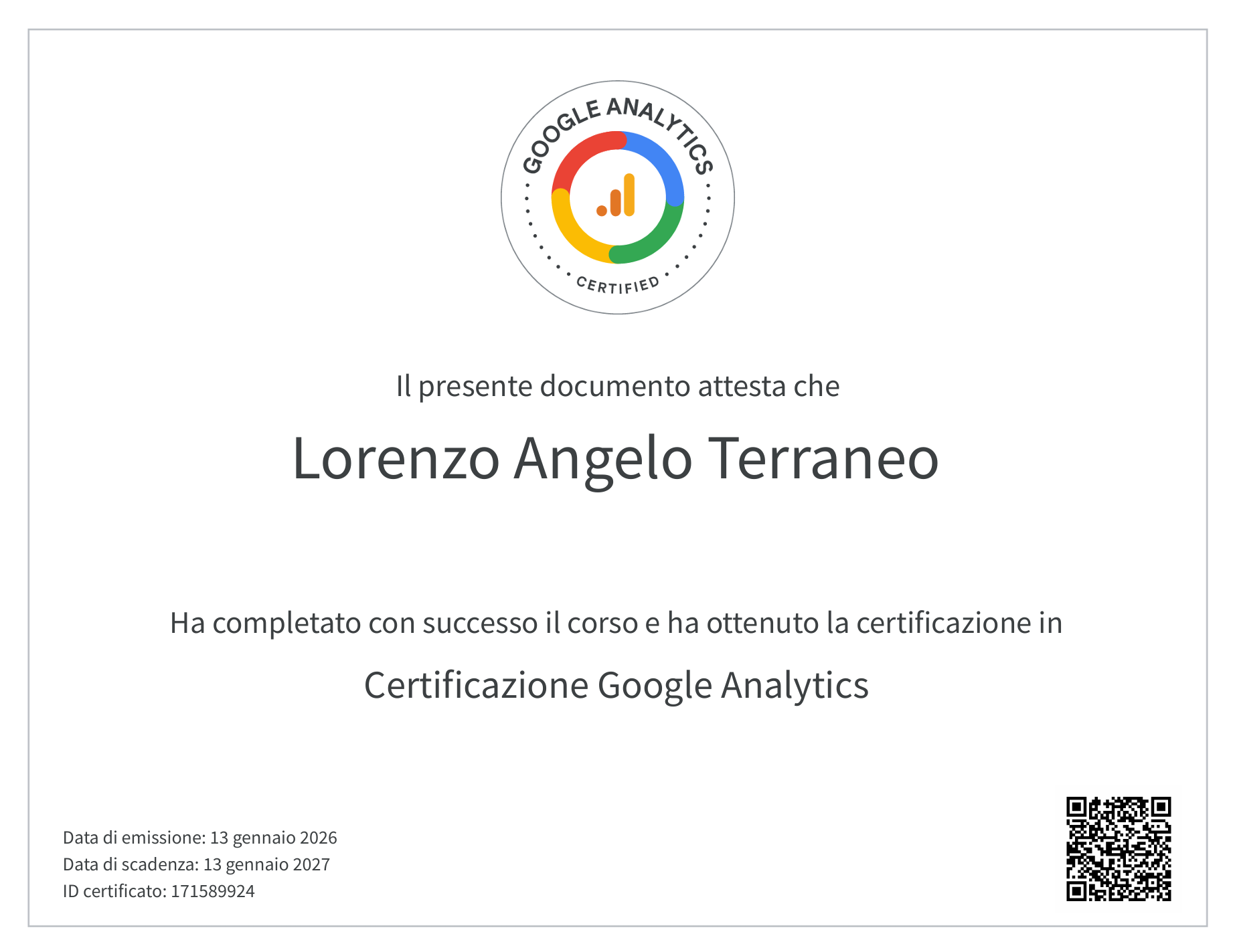 Certificato Google Analytics